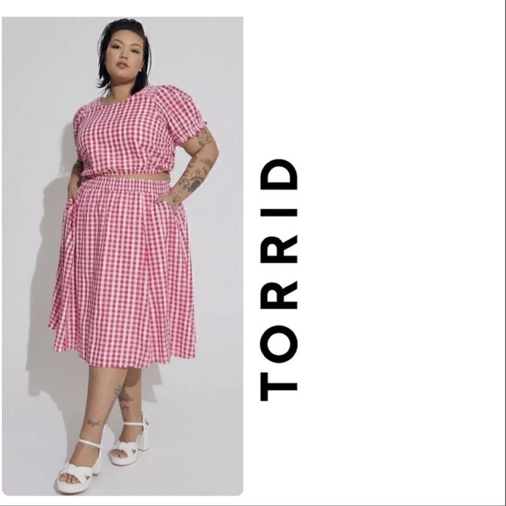 Torrid Pink Gingham Midi Seersucker Smocked Skirt, Cropped Top Set size 6X